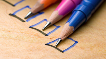 Colorful pens above checkboxes on wooden surface, symbolizing organization and planning. vibrant colors add cheerful touch to task list