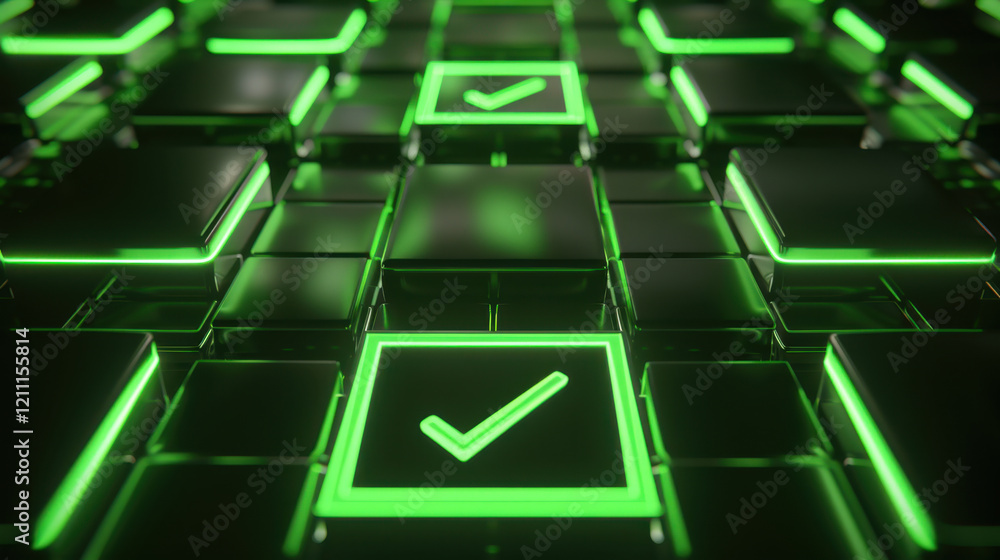 Poster close up view of glowing green checkmark icons on dark tiles, symbolizing approval and success. vibrant colors create modern and tech inspired atmosphere