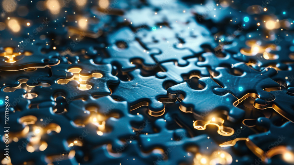Poster puzzle pieces scattered on surface, illuminated by soft glowing lights, creating magical atmosphere.