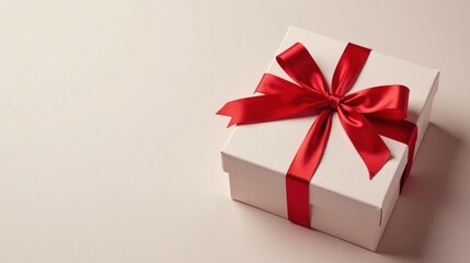 Obraz premium A pristine white gift box adorned with a vibrant crimson satin ribbon, a symbol of celebration and thoughtful presentation