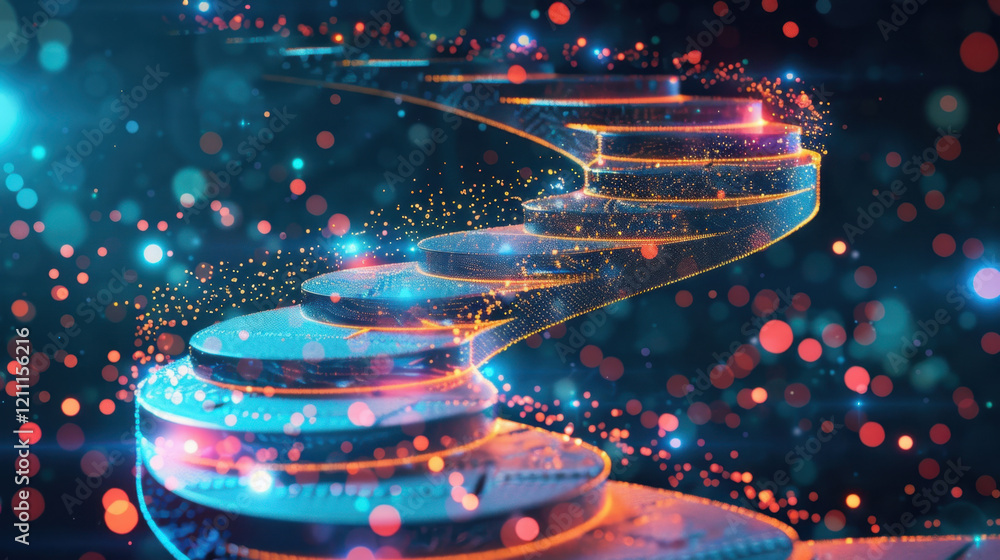Poster mesmerizing spiral staircase made of glowing coins, surrounded by vibrant bokeh lights and sparkling