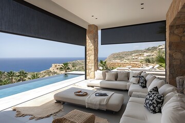 Fototapeta premium Modern Coastal Villa Living Room Overlooking Ocean