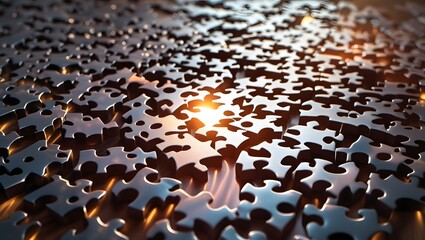 Fototapeta premium Shiny Jigsaw Puzzle Pieces with Warm Glow - National Puzzle Day