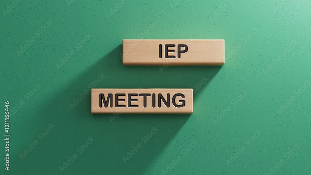Poster iep meeting word written on wooden block. wooden cube blocks. copy space.3d rendering on green backg