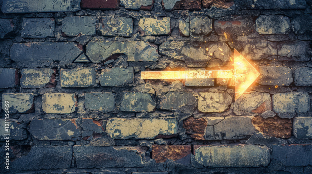 Poster glowing arrow on weathered brick wall, symbolizing direction and guidance. contrast between bright a