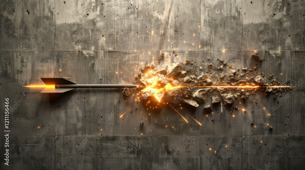 Poster dynamic image of arrow piercing through concrete wall, creating burst of sparks and debris. scene co