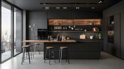 Minimalist kitchen with an island and modern lighting