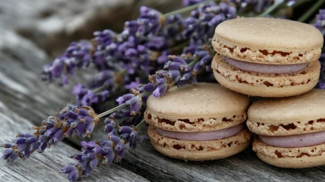 Lavender and macarons on rustic wood: serene culinary aesthetics in nature setting