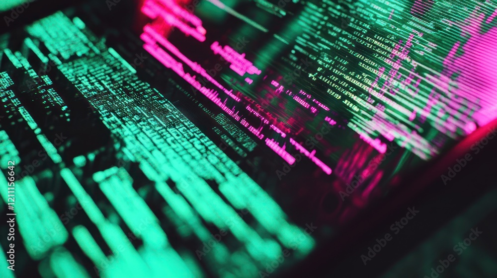 Poster cyberpunk neon code: digital matrix visualization
