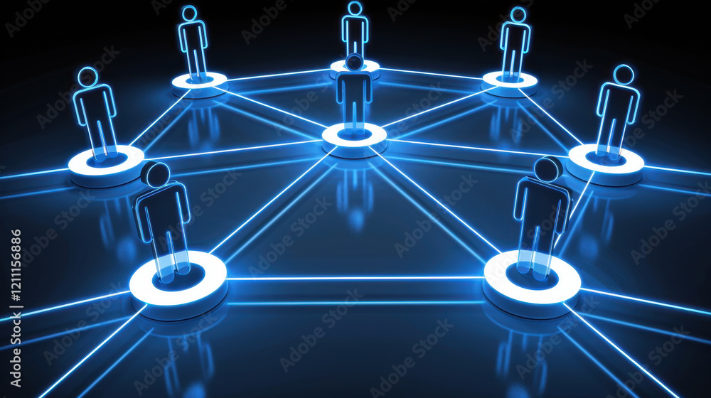 Poster digital network with glowing figures connected by lines, symbolizing communication and collaboration