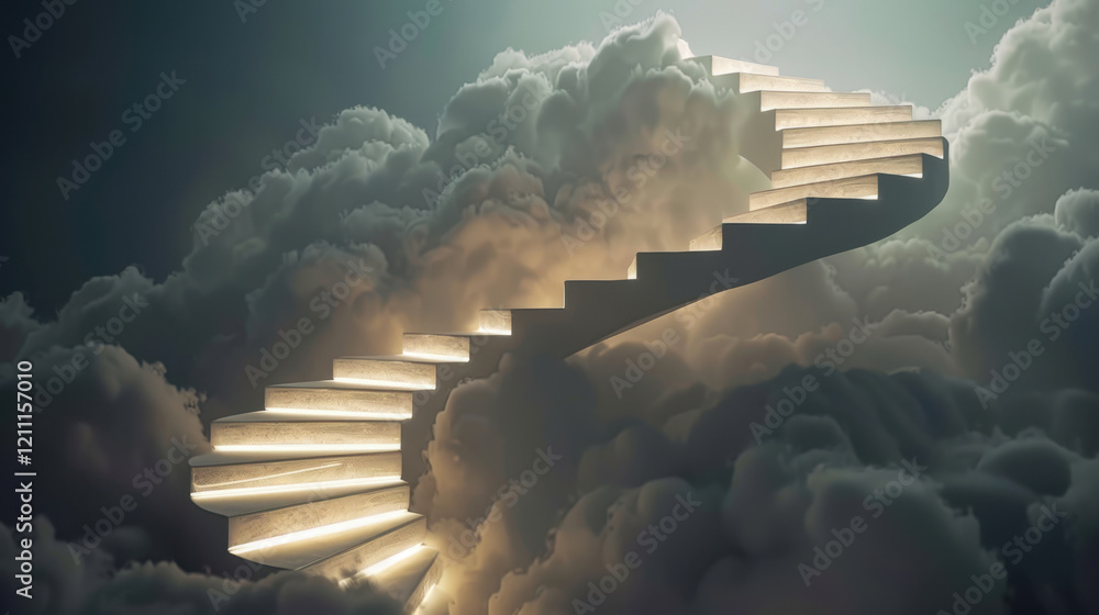 Poster surreal staircase ascends through fluffy clouds, illuminated by soft light, creating dreamlike atmos