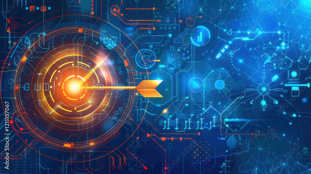 Poster digital target with arrow and technology elements, representing precision and innovation in futurist