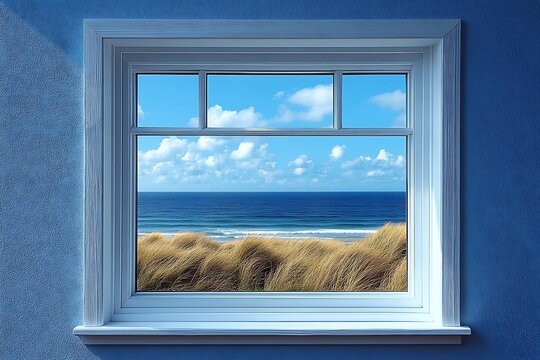 Fototapeta Ocean View Seen Through White Window Frame