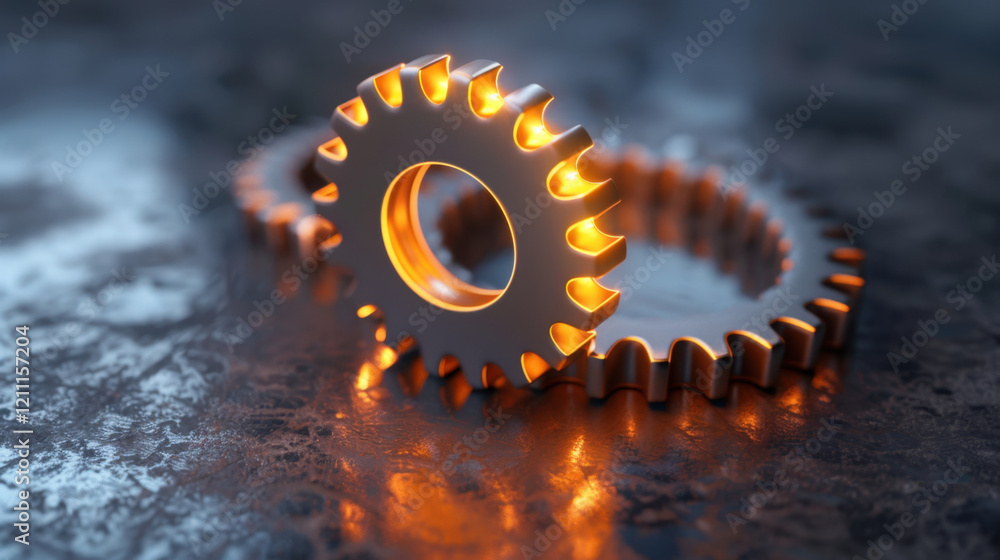 Poster close up view of metallic gears with glowing edges, showcasing intricate details and textures. gears