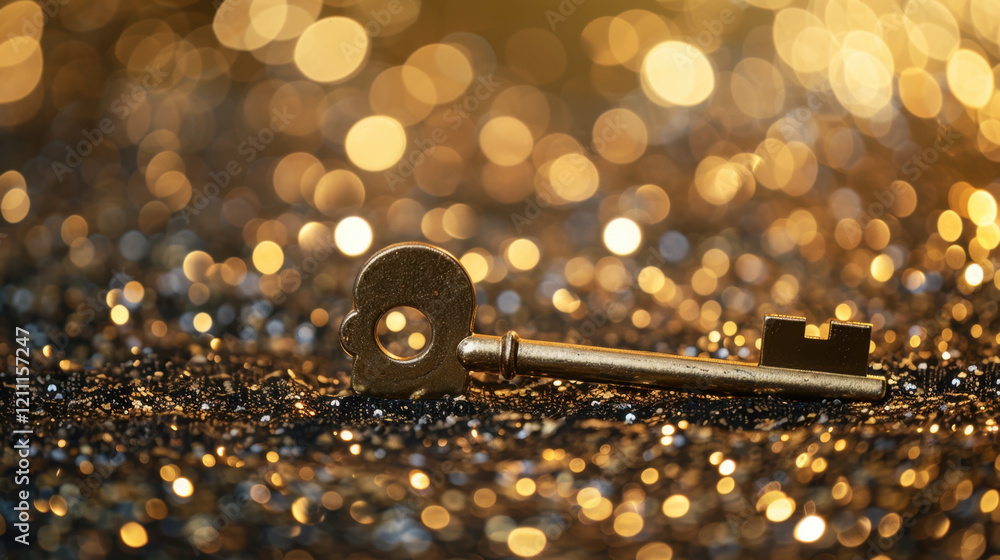Poster golden key resting on sparkling surface with blurred lights in background, creating magical and ench
