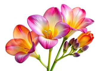 Naklejka premium Macro image: Long exposure reveals freesia's bell-shaped bloom, showcasing smooth petals and intricate detail against a floral backdrop.