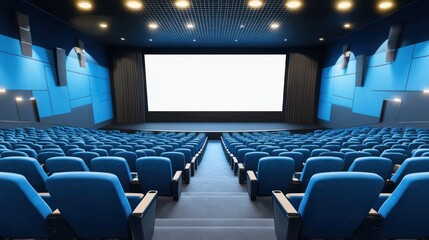 Fototapeta premium Empty cinema hall with blue seats and large white screen