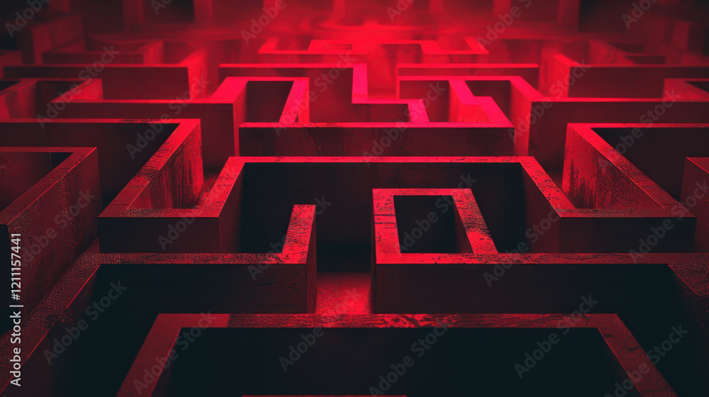 Poster complex red maze structure with intricate pathways and shadows creates mysterious atmosphere. design