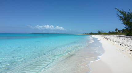 serene beach scene with turquoise water, white sand, and clear skies. gentle waves lap at shore, creating peaceful atmosphere perfect for relaxation