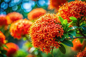 Macro photography captures Ashoka tree's stunning spring bloom, pollen dusting vibrant petals in exquisite detail.