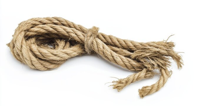 Coiled jute rope with frayed ends on white background.
