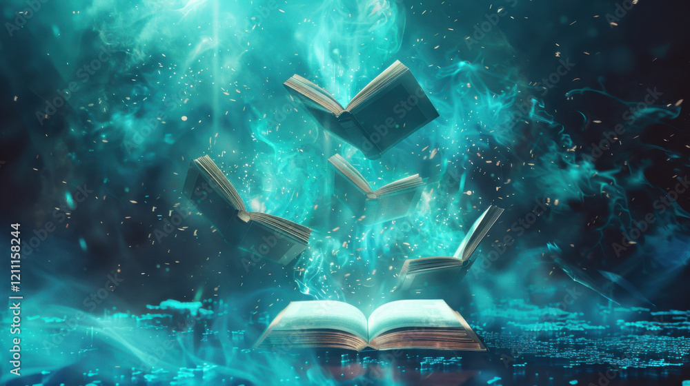 Poster magical floating books surrounded by glowing blue mist and particles create enchanting atmosphere. t