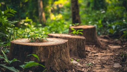 Fototapeta premium Three tree stumps in a forest with new growth.