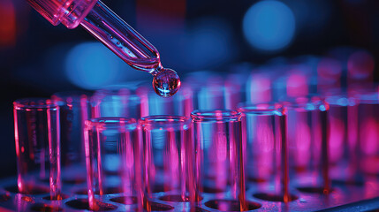 Close-up of a pipette dropping liquid into test tubes under vibrant pink and blue lighting.