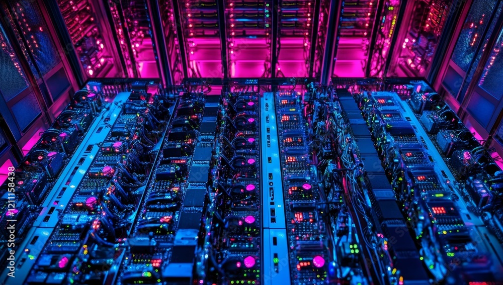 Leinwandbilder data center server room with rows of powerful computer hardware lit with pink and blue light.
