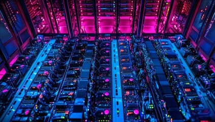 Data center server room with rows of powerful computer hardware lit with pink and blue light.