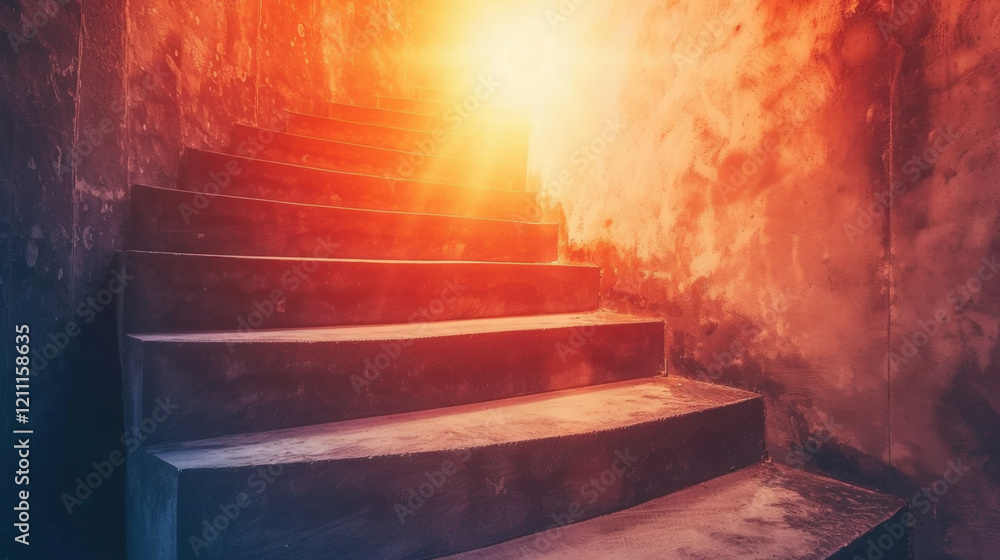 Poster warm light illuminates staircase, creating dramatic and inviting atmosphere. textured walls and step
