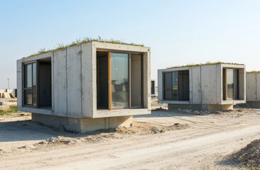 Modern minimalist concrete housing with green roofs in desert landscape under clear blue sky
