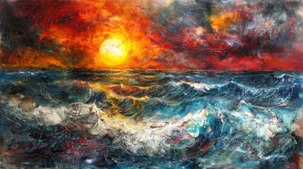 Fototapeta premium Vibrant sunset over turbulent ocean waves, showcasing dramatic colors and textures in sky and water, evoking sense of awe and beauty