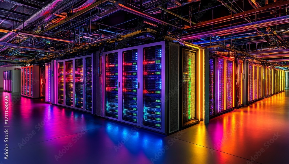 Poster Vibrant data center with colorful server racks and cabling.