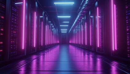 Futuristic server room with neon lights.