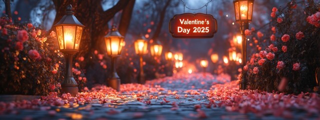 Obraz premium Romantic Valentine s Day Path Lantern Lit Rose Petals