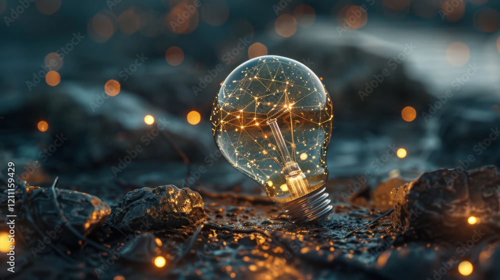 Poster glowing light bulb with network of connections inside, surrounded by rocks and soft bokeh lights, cr
