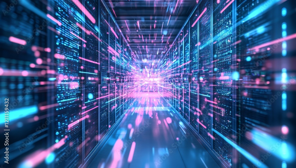 Poster Futuristic server room with glowing data streams.