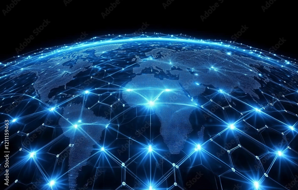 Aufkleber global network connection represented by bright blue lines on dark background with earth map