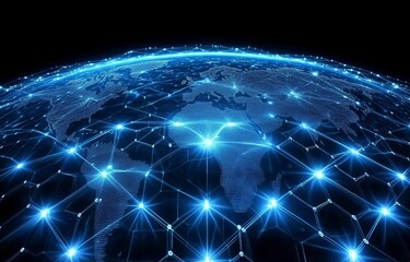 Obraz premium Global Network Connection Represented by Bright Blue Lines on Dark Background with Earth Map