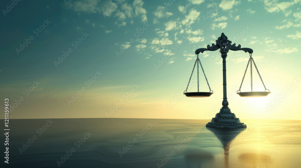 Poster symbolic representation of justice with balanced scale against serene sky. image evokes sense of fai
