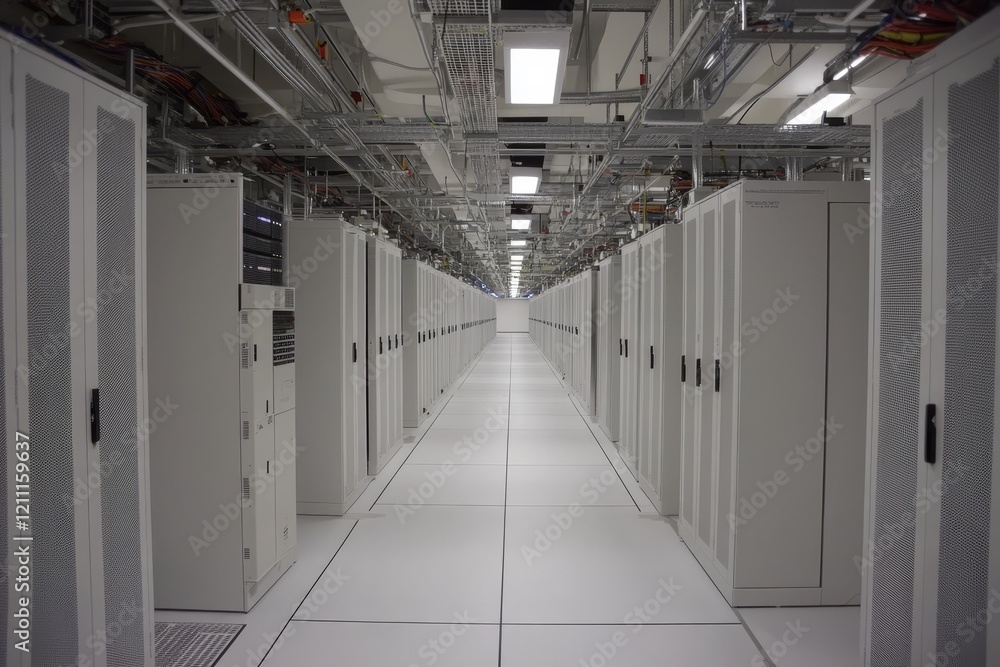 Poster long aisle of server racks in modern data center.