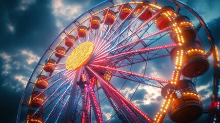 Illuminated Ferris wheel spinning under dramatic sky at amusement park