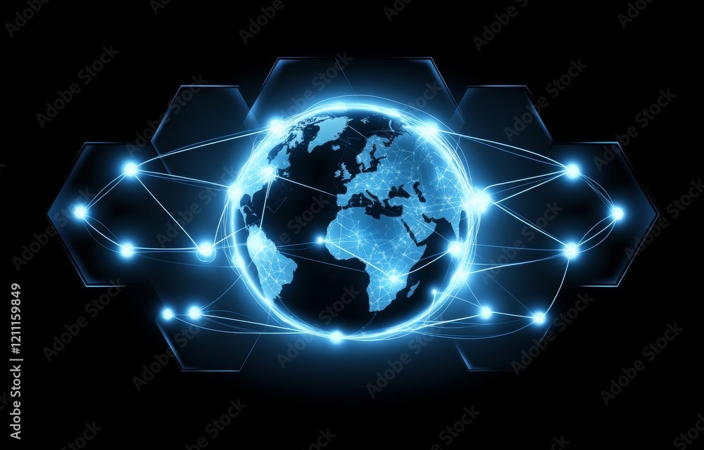 Aufkleber blue geometric globe connected by bright lines on a black background representing global networking
