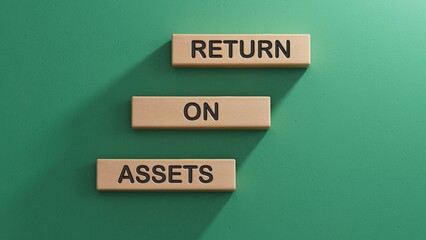 ROA - short for Return On Assets. text on wood cubes with euro bills. Wooden cube blocks. Copy...