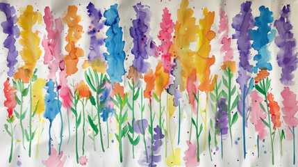 Vibrant watercolor painting of colorful flowers in various shades, showcasing lively garden scene. blend of colors creates cheerful and artistic atmosphere