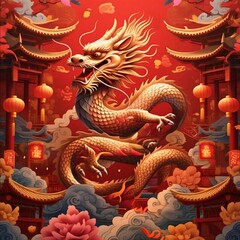 Fototapeta premium chinese dragon statue at the temple during chinese new year celebration