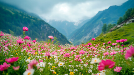 Fototapeta premium Lush Green Hills with Flowers: Tranquil Himalayan Scene,