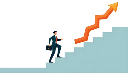 Businessman with 3D graph arrow pointing up , Expert graph analyst standing on ladder to show business growth and success