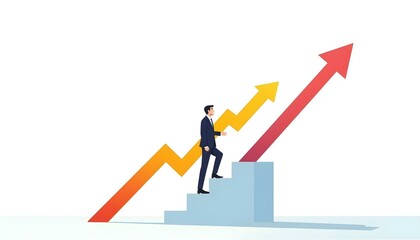 Businessman with 3D graph arrow pointing up , Expert graph analyst standing on ladder to show business growth and success
